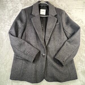 Abercrombie Fitch Women Plaid Wool Blend Blazer Jacket Size L Gray Single Button